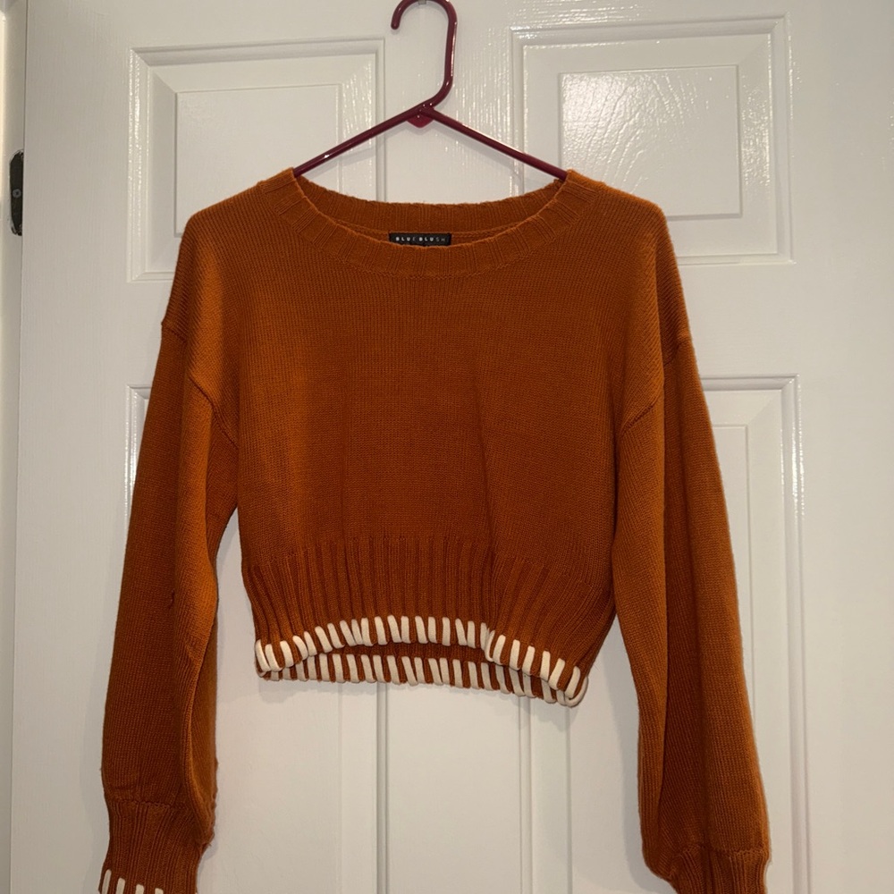 Orange Sweater with Striped Hem